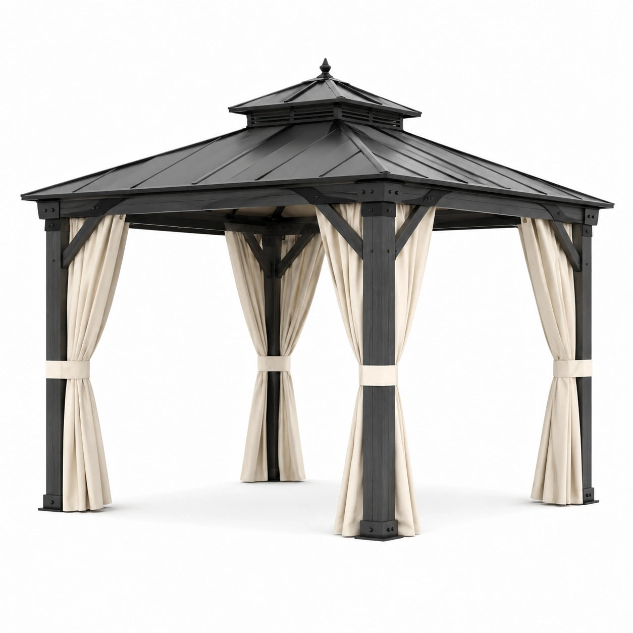 Gartenpavillon Stahl mit Aluminiumdach und Vorhängen, 3x3m, Schwarz/Creme