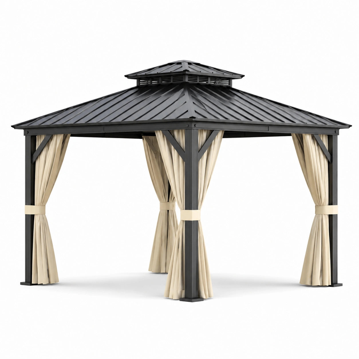 Stahl-Gartenpavillon mit Polyester-Vorhängen Schwarz/Beige 3x3m