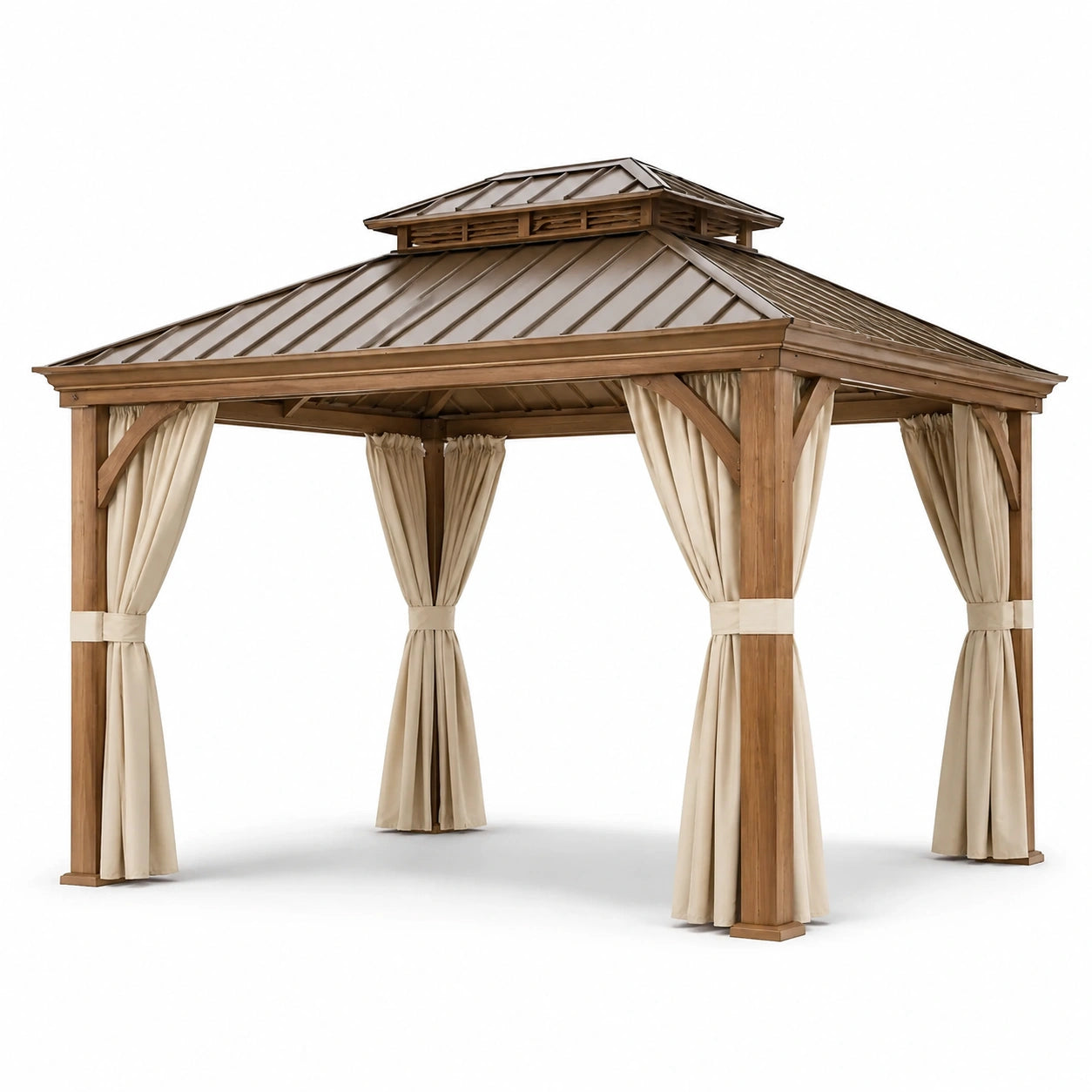 Holzpavillon mit Aluminiumdach und Polyester Vorhängen 3x3m