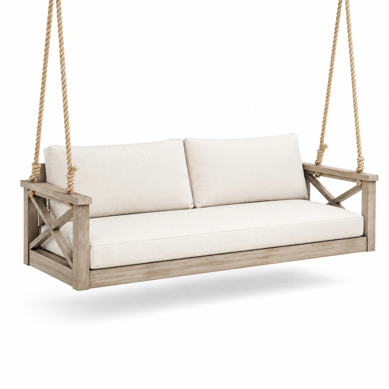 Holz-Schaukelbank mit Polyesterkissen Beige 180cm