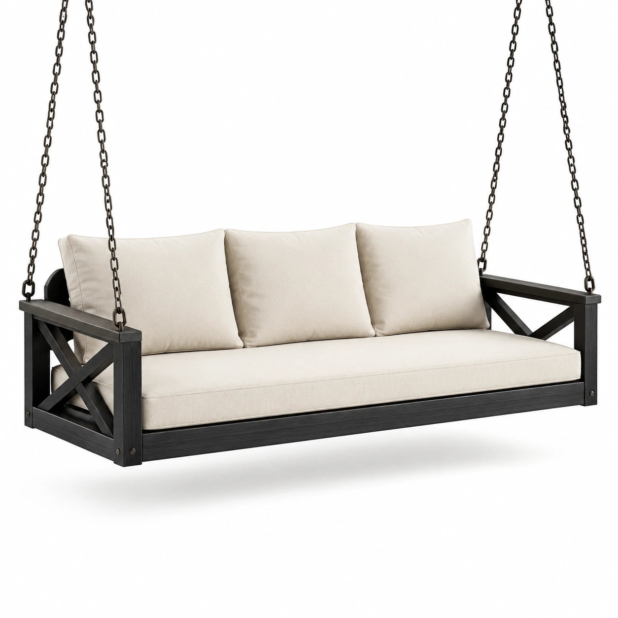 Holzschaukelbank mit Metallkette und Stoffkissen 200 cm