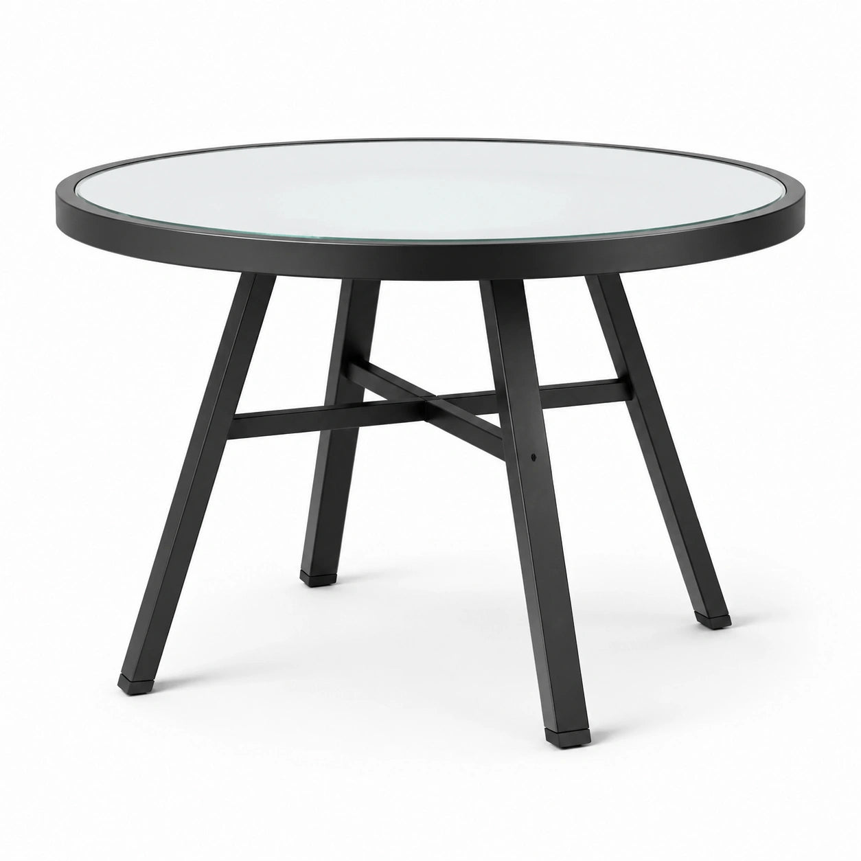 Runder Tisch aus gehärtetem Glas mit Aluminiumrahmen, Schwarz, Ø 120 cm