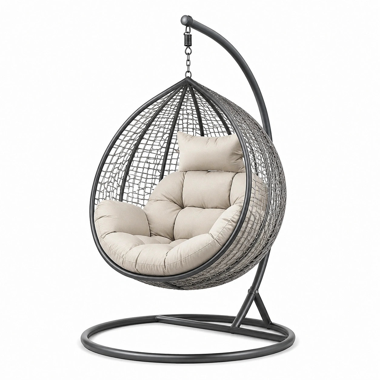 Hängesessel aus Stahl und Polyrattan mit Polyesterkissen in Beige