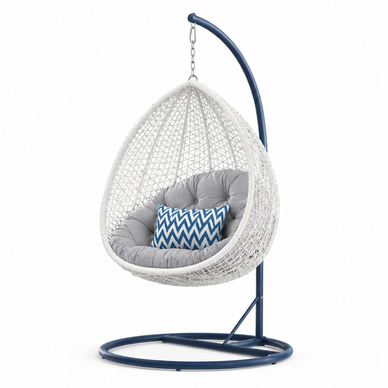 Hängesessel Rattan Weiß mit Stahlgestell Blau und Kissen Grau